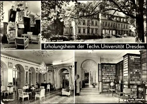 Ak Gaußig in der Oberlausitz, Erholungsheim der TU Dresden, Kaminzimmer, Spiegelsaal, Bibliothek