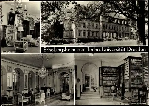 Ak Gaußig in der Oberlausitz, Erholungsheim der TU Dresden, Kaminzimmer, Spiegelsaal, Bibliothek
