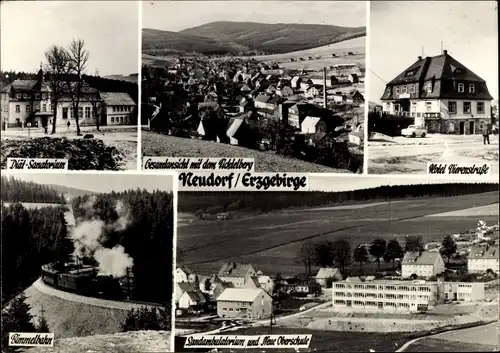 Ak Neudorf Sehmatal im Erzgebirge, Hotel Vierenstraße, Diät-Sanatorium, Bimmelbahn, Neue Oberschule