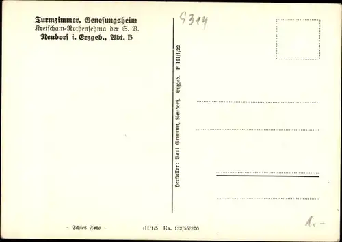 Ak Kretscham Rothensema Neudorf Sehmatal im Erzgebirge, Turmzimmer, Genesungsheim