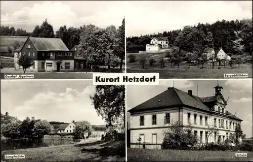 Ak Hetzdorf Halsbrücke in Mittelsachsen, Sumpfmühle, Schule, Bergschlösschen, Gasthof Jägerhorn
