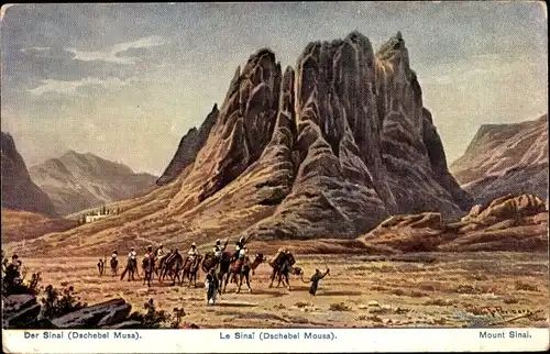 Künstler Ak Perlberg, F., Der Sinai, Dschebel Musa, Karawane, Kamele