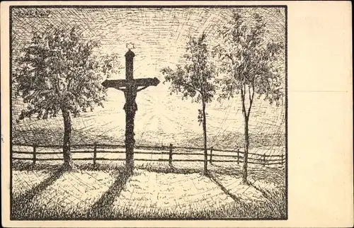 Künstler Ak Dlouhá Louka Langewiese Osek Ossegg Reg. Aussig, Höhenwege, Kreuz