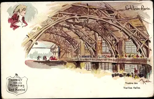 Künstler Litho Robida, Albert, Paris, Theatre des Vieilles Halles, Reklame Magasins du Bon Marché