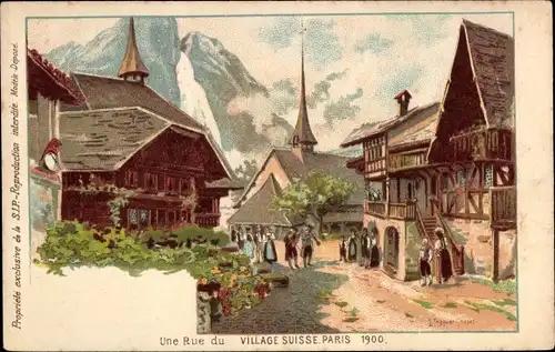 Künstler Litho Paris, Exposition, Weltausstellung 1900, une Rue du Village Suisse