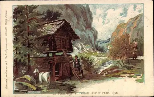Künstler Litho Paris, Exposition 1900, Le Paturage et le Ruisseau, Villlage Suisse, Ziege