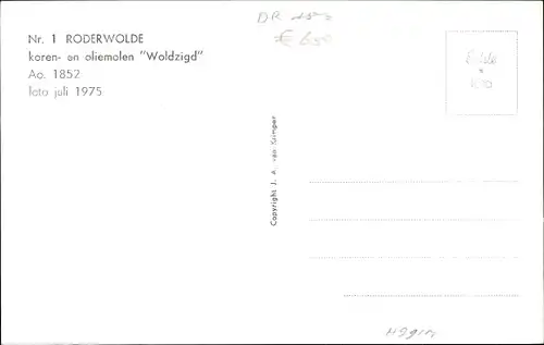 Ak Roderwolde Noordenveld Drenthe, koren- en oliemolen Woldzigd Ao. 1852