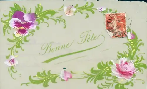 Zelluloid Ak Glückwunsch, Bonne Fete, Blumen, Stiefmütterchen