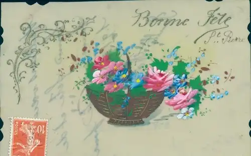 Zelluloid Ak Glückwunsch, Bonne Fete, Blumen im Korb