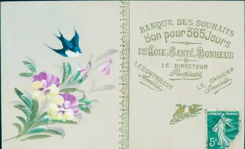 Zelluloid Ak Schwalbe, Stiefmütterchen, Kitsch, Banque des Souhaits Bon pour 365 Jours