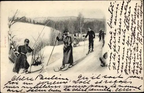 Ak Winterlandschaft mit Skiläufern