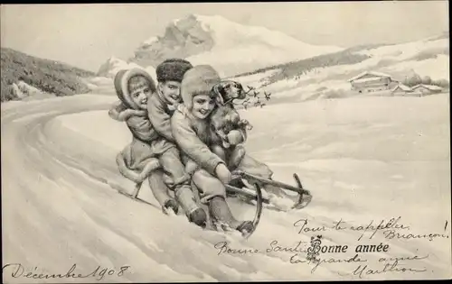 Ak Glückwunsch Neujahr, Kinder und Dackel auf einem Schlitten