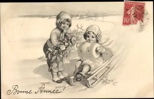 Ak Glückwunsch Neujahr, Kinder mit Schlitten und Mistelzweigen
