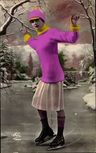 Ak Frau auf Schlittschuhen mit rosa Pullover
