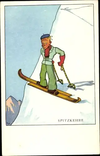 Künstler Ak Spitzkehre, Skiläufer am Berg