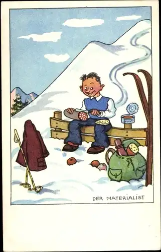Künstler Ak Der Materialist, Skiläufer schneidet Wurst