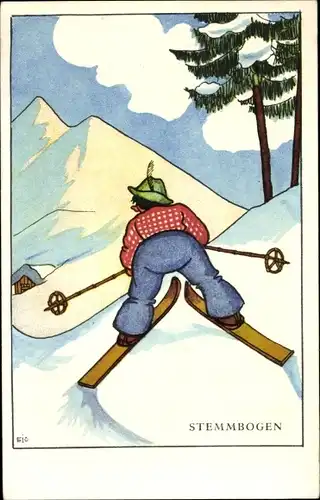 Künstler Ak Stemmbogen, Skiläufer beim Bremsen