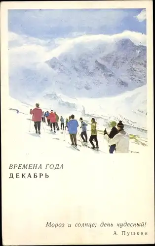 Ak Russland, Winterlandschaft mit Skiläufern, Zitat von A. Puschkin