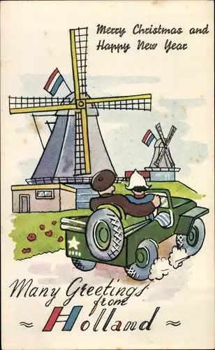 Ak Glückwunsch Weihnachten und Neujahr, Greetings from Holland, Windmühle, Militärfahrzeug