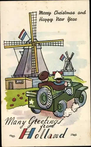 Ak Glückwunsch Weihnachten und Neujahr, Greetings from Holland, Windmühle, Militärfahrzeug