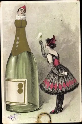 Litho Pierrot in einer Sektflasche, Pierrette