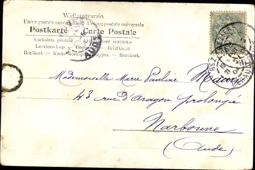 Litho Pierrot in einer Sektflasche, Pierrette