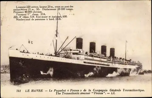 Ak Le Havre Seine Maritime, Paquebot France, Dampfschiff, CGT, French Line