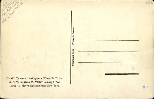 Ak Paquebot Ile de France, CGT French Line, Ligne Le Havre Southampton New York