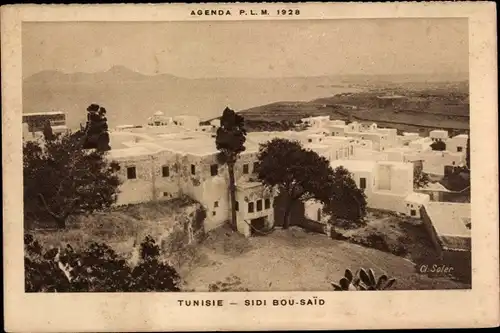 Ak Sidi Bou Said Tunesien, Totalansicht der Ortschaft, Meer, Berge