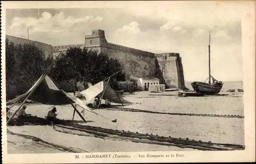 Ak Hammamet Tunesien, Les Remparts et le Port, Stadtmauer, Schiff