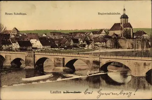 Ak Lauffen am Neckar, Brücke, Neues Schulhaus, Regiswindiskirche