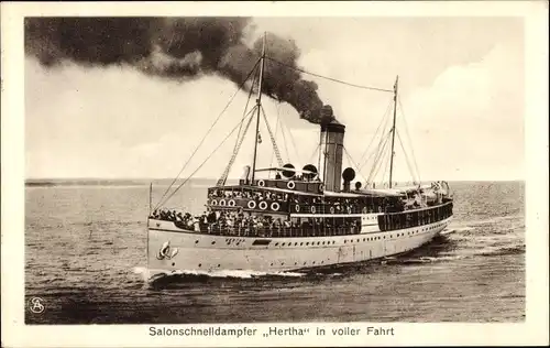 Ak Salonschnelldampfer Hertha in voller Fahrt, Reederei Braeunlich Stettin