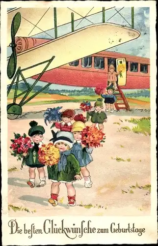 Ak Glückwunsch Geburtstag, Kinder, Blumensträuße, Flugzeug