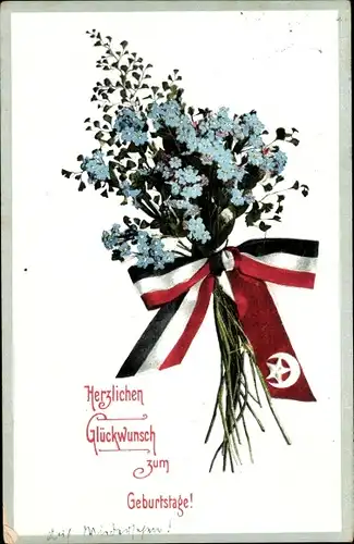 Präge Ak Glückwunsch Geburtstag, Blumenstrauß mit Flaggenband, Vergissmeinnicht