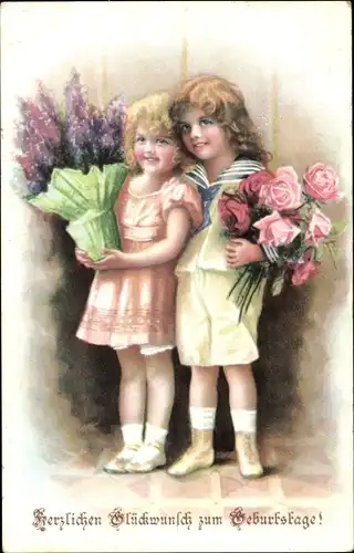 Ak Glückwunsch Geburtstag, Kinder mit Blumentopf, Rosenstrauß
