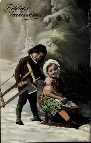 Ak Frohe Weihnachten, Tannenbaum, Junge mit Axt und Säge, Mädchen auf Schlitten