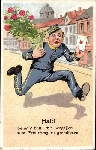 Ak Glückwunsch Geburtstag, Mann mit Rosen, Blumentopf, Beinahe hätte ich vergessen...