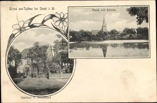 Ak Lohne Bad Sassendorf in Westfalen, Teich mit Kirche, Gasthof