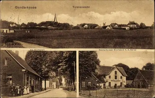 Ak Ganderkesee in Oldenburg, Brotfabrik, Kirchplatz, Totalansicht, Windmühle