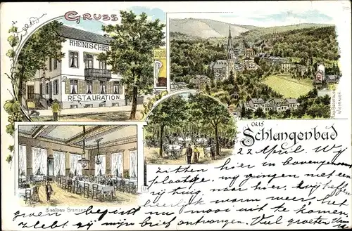 Litho Schlangenbad im Taunus Hessen, Restauration Rheinischer Hof, Saalbau Bremser