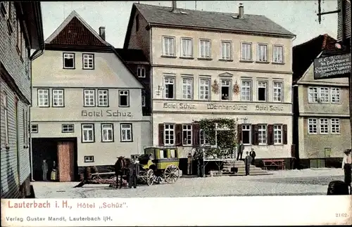 Ak Lauterbach in Hessen, Hotel Schüz, Weinhandlung, Postkutsche