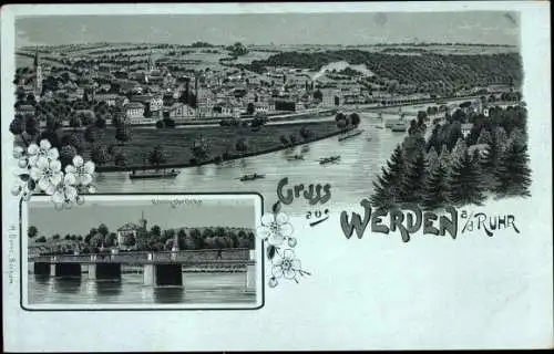 Mondschein Litho Werden Essen im Ruhrgebiet, Königsbrücke, Totalansicht