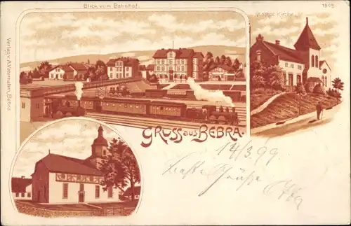 Litho Bebra an der Fulda Hessen, Bahnhof, Gleisseite, Dampflok, Kirchen