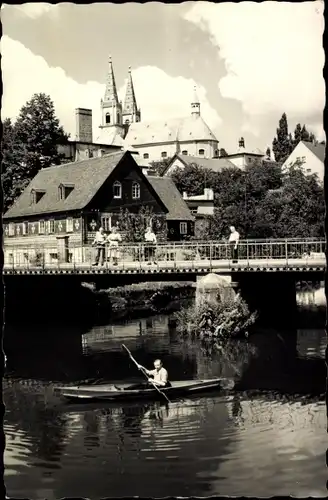 Ak Schirgiswalde in der Lausitz, an der Spree, Ruderboot, Kirchtürme