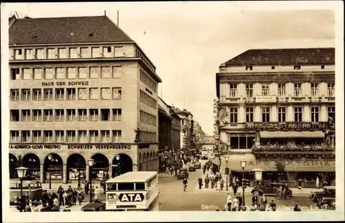 Ak Berlin, Friedrichstraße, Ecke Unter den Linden, Haus der Schweiz, Café Viktoria, Stadtbus Linie 5