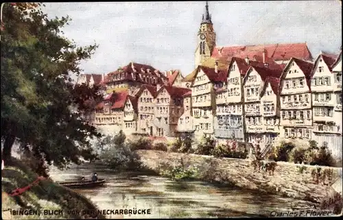 Künstler Ak Flower, Charles E., Tübingen, Blick von der Neckarbrücke, Tuck