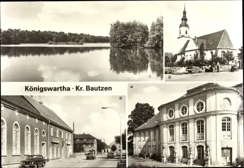 Ak Königswartha in der Oberlausitz, Teichlandschaft, Kirchplatz, Dorfstraße, Binnenfischereischule