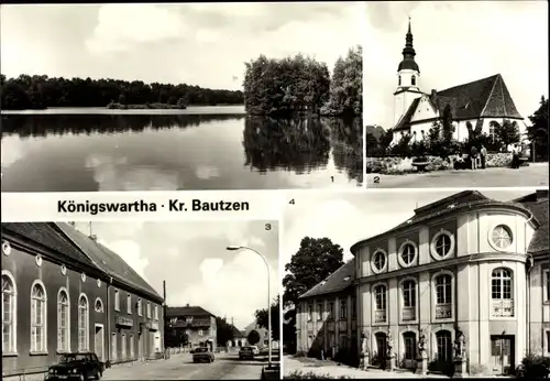 Ak Königswartha in der Oberlausitz, Teichlandschaft, Kirchplatz, Dorfstraße, Binnenfischereischule