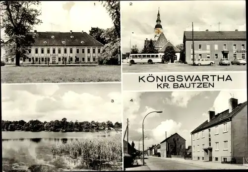 Ak Königswartha in der Oberlausitz, Binnenfischereischule, Kirchplatz, Teich, Hauptstraße