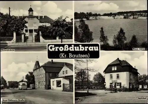 Ak Großdubrau in Sachsen, Zentralschule, Blaue Adria, Ernst Thälmann Straße, Bahnhof